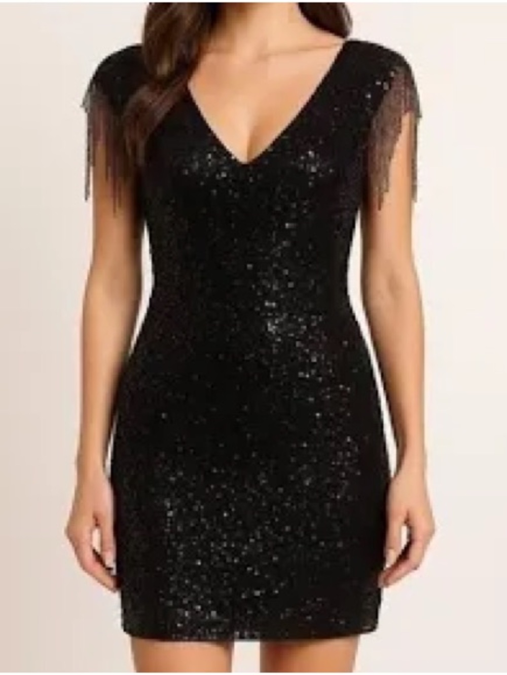 Betsey Johnson Black Sequin Fringe Shoulder Mini Dress